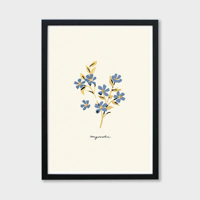 blue forget me not print in a black frame