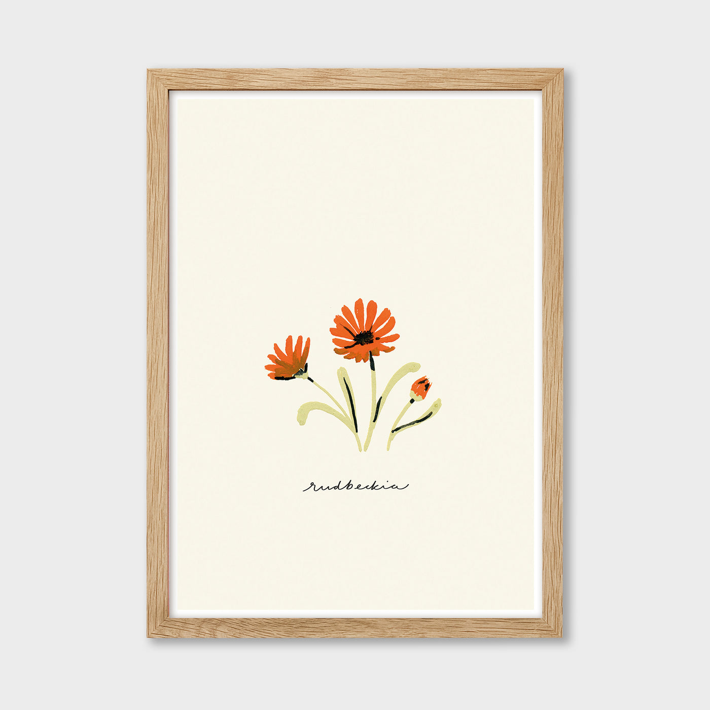 rudbeckia flower print in an oak frame