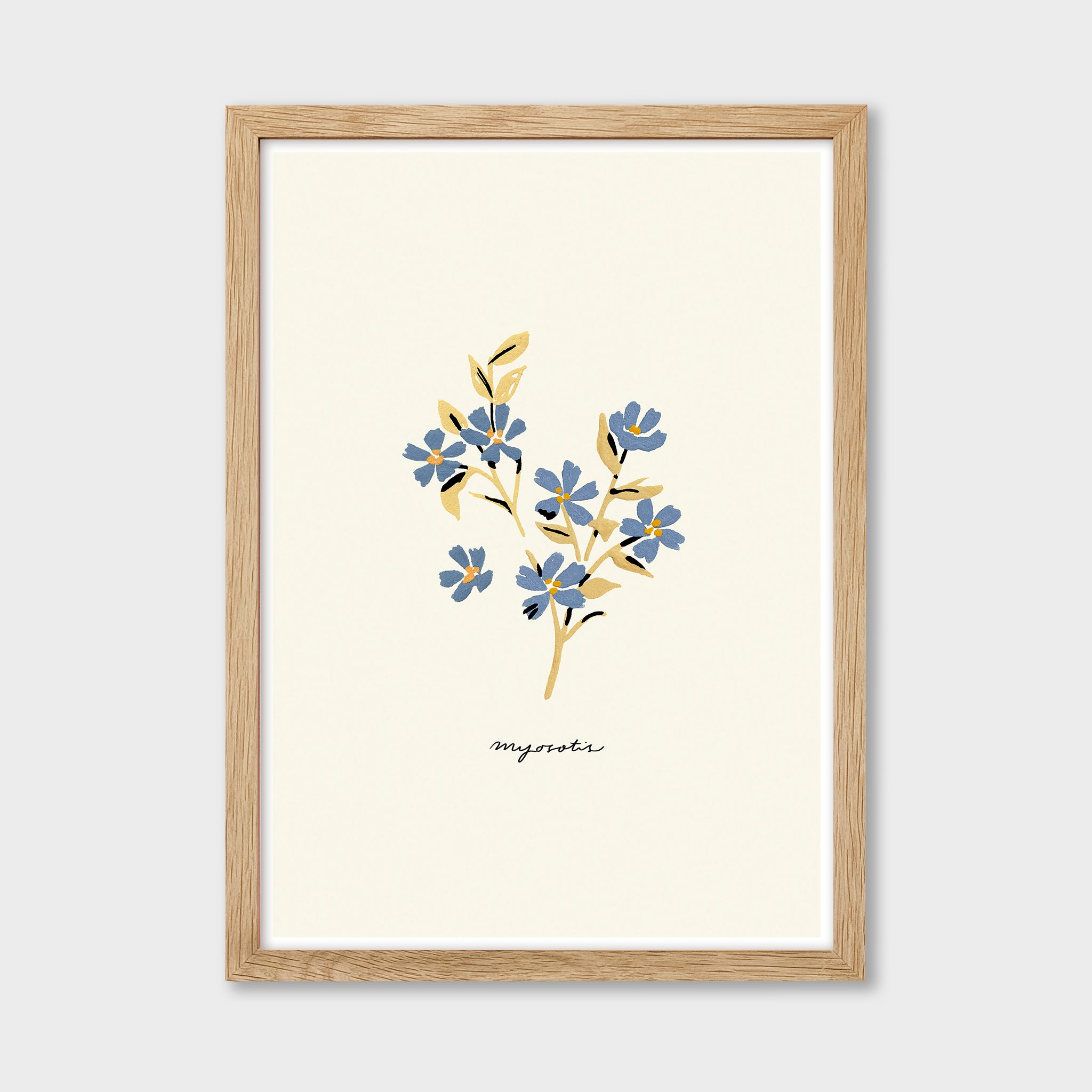 blue forget me not print in an oak frame