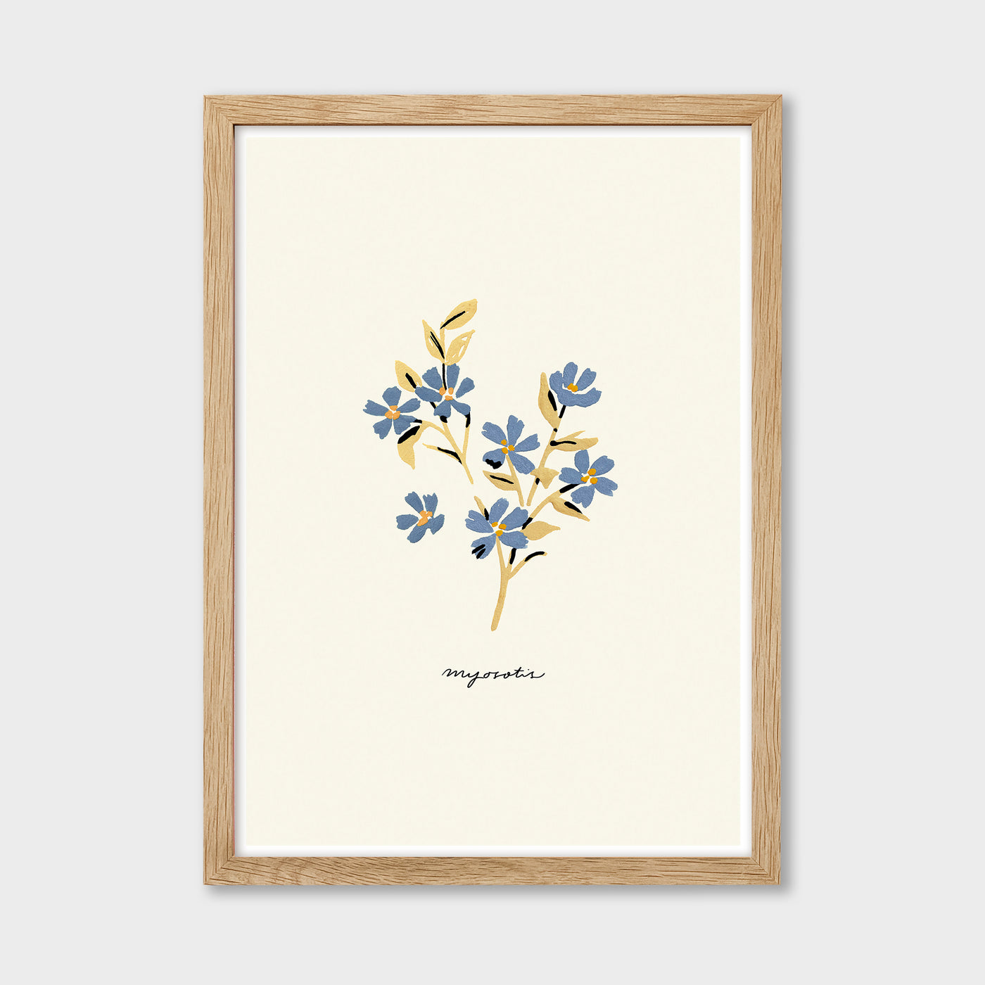 blue forget me not print in an oak frame