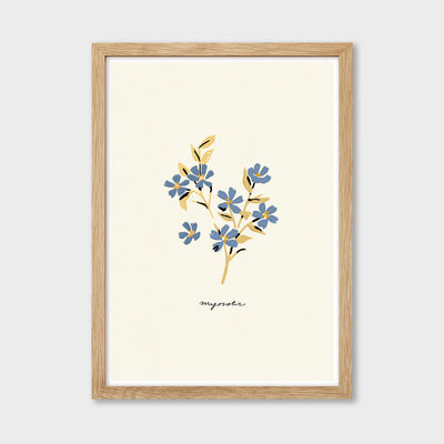 blue forget me not print in an oak frame