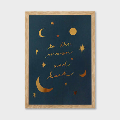 to the moon and back print in oak frame
