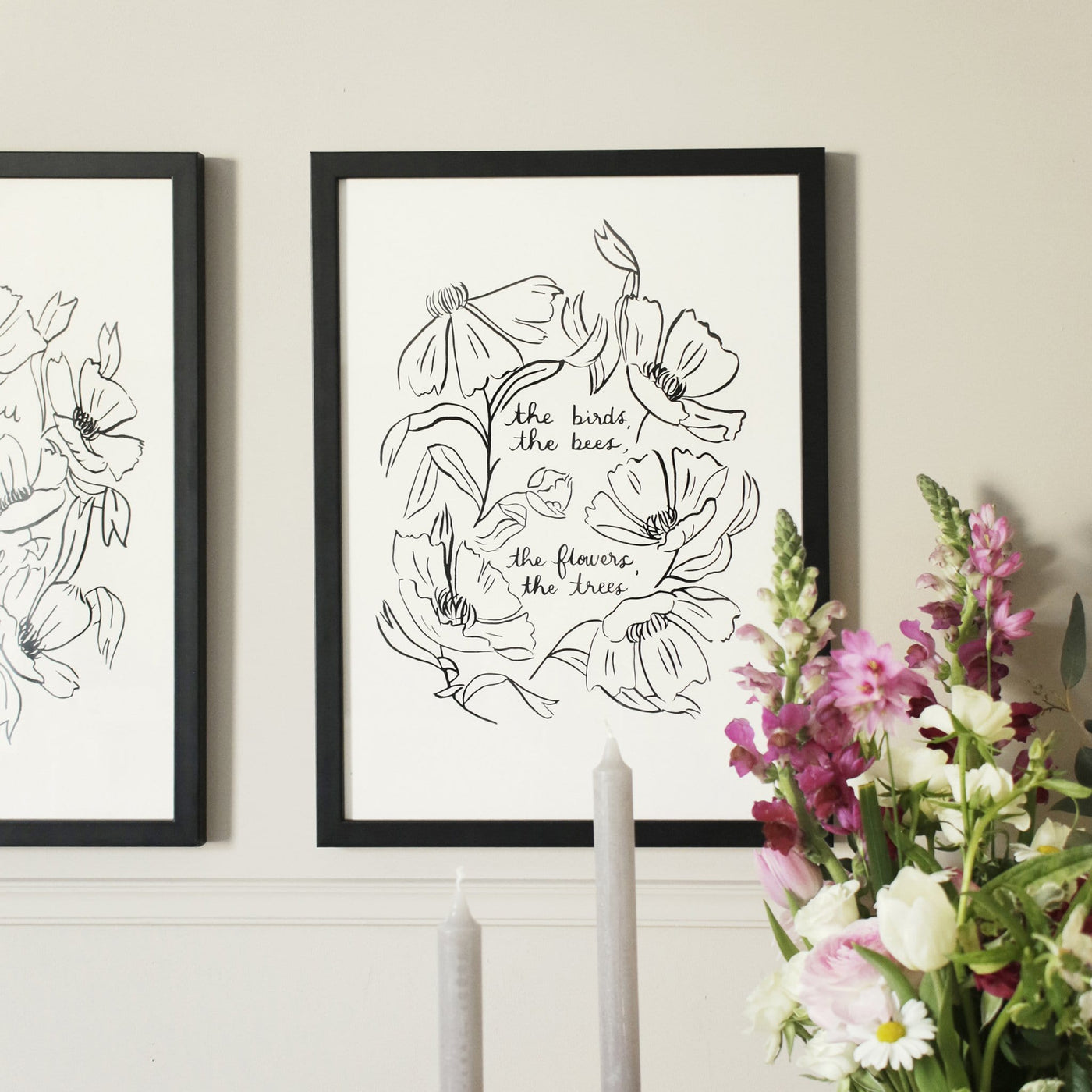 Black Floral Line Art Work Print With The Words The Birds The Bees The Flowers The Trees In A Black Frame Hung On A Wall - Annie Dornan Smith