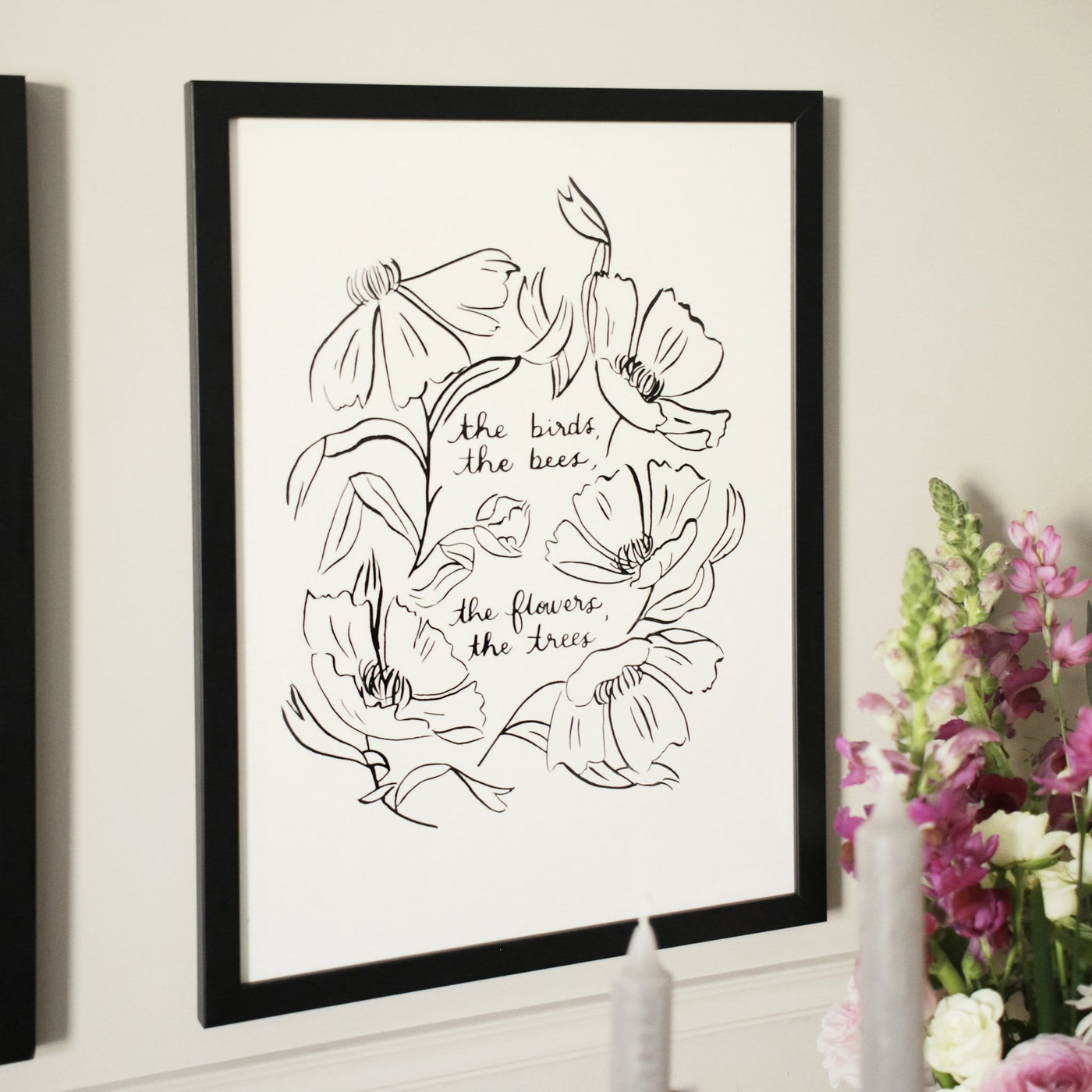 Black Floral Line Art Work Print With The Words The Birds The Bees The Flowers The Trees In A Black Frame - Annie Dornan Smith