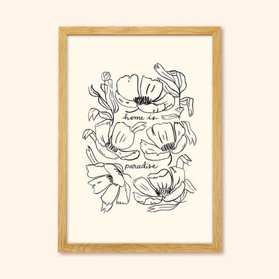 Black Floral Line Art Work Print With The Words Home Is Paradise In An Oak Frame - Annie Dornan Smith