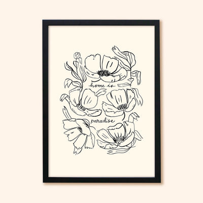 Black Floral Line Art Work Print With The Words Home Is Paradise In A Black Frame - Annie Dornan Smith