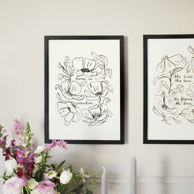 Black Floral Line Art Work Print With The Words Home Is Paradise In A Black Frame - Annie Dornan Smith