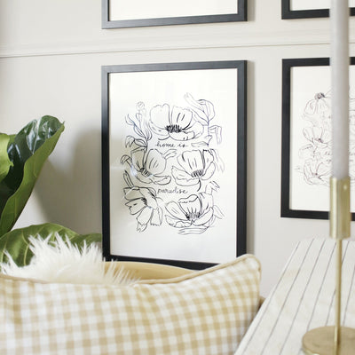 Black Floral Line Art Work Print With The Words Home Is Paradise In A Black Frame - Annie Dornan Smith