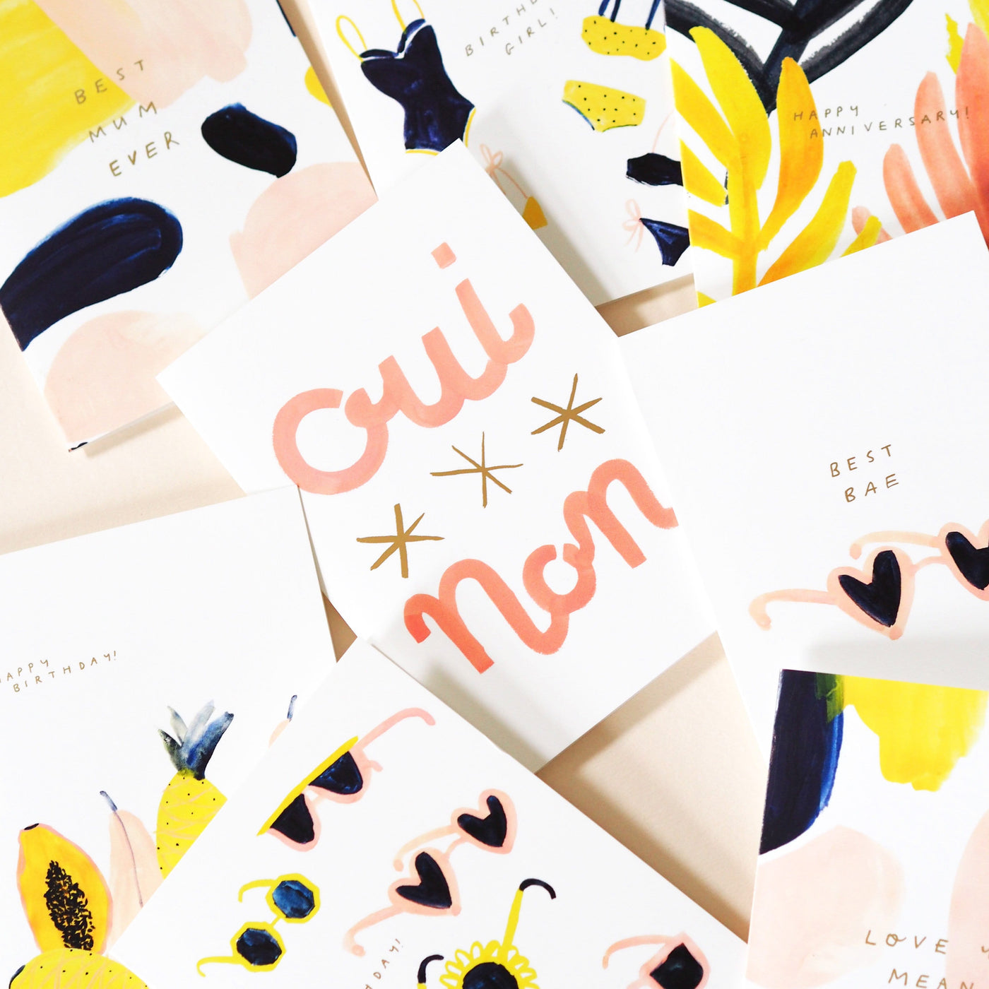 Typographic A6 Card With The Words Oui Non And Three Stars In Pink With Selection Of Other Cards - Annie Dornan Smith