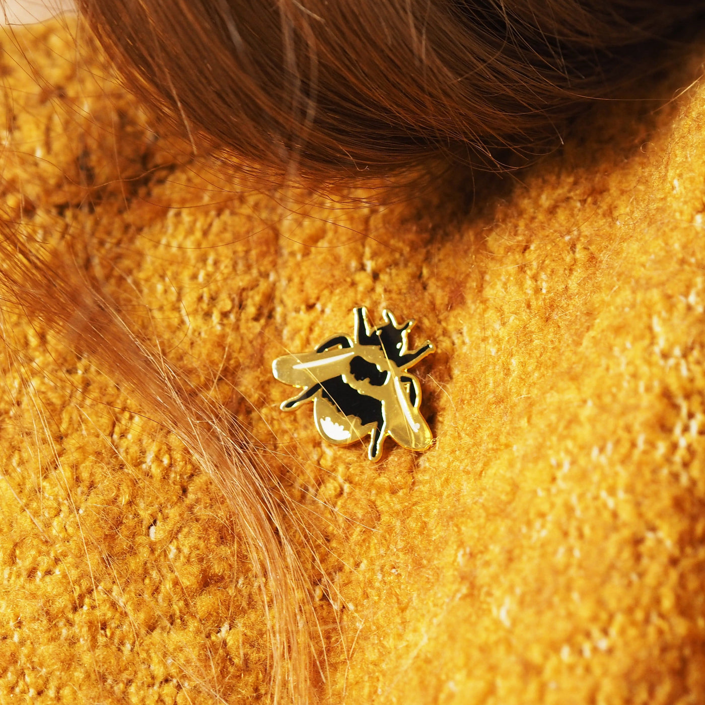 British Bee Gold Enamel Pin On Yellow Jumper - Annie Dornan Smith