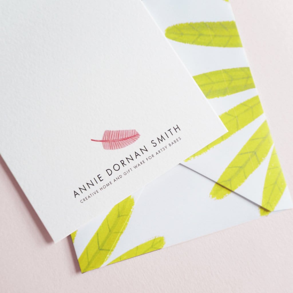 Back Of greeting Card With Pink Leaf And Website Address - Annie Dornan Smith
