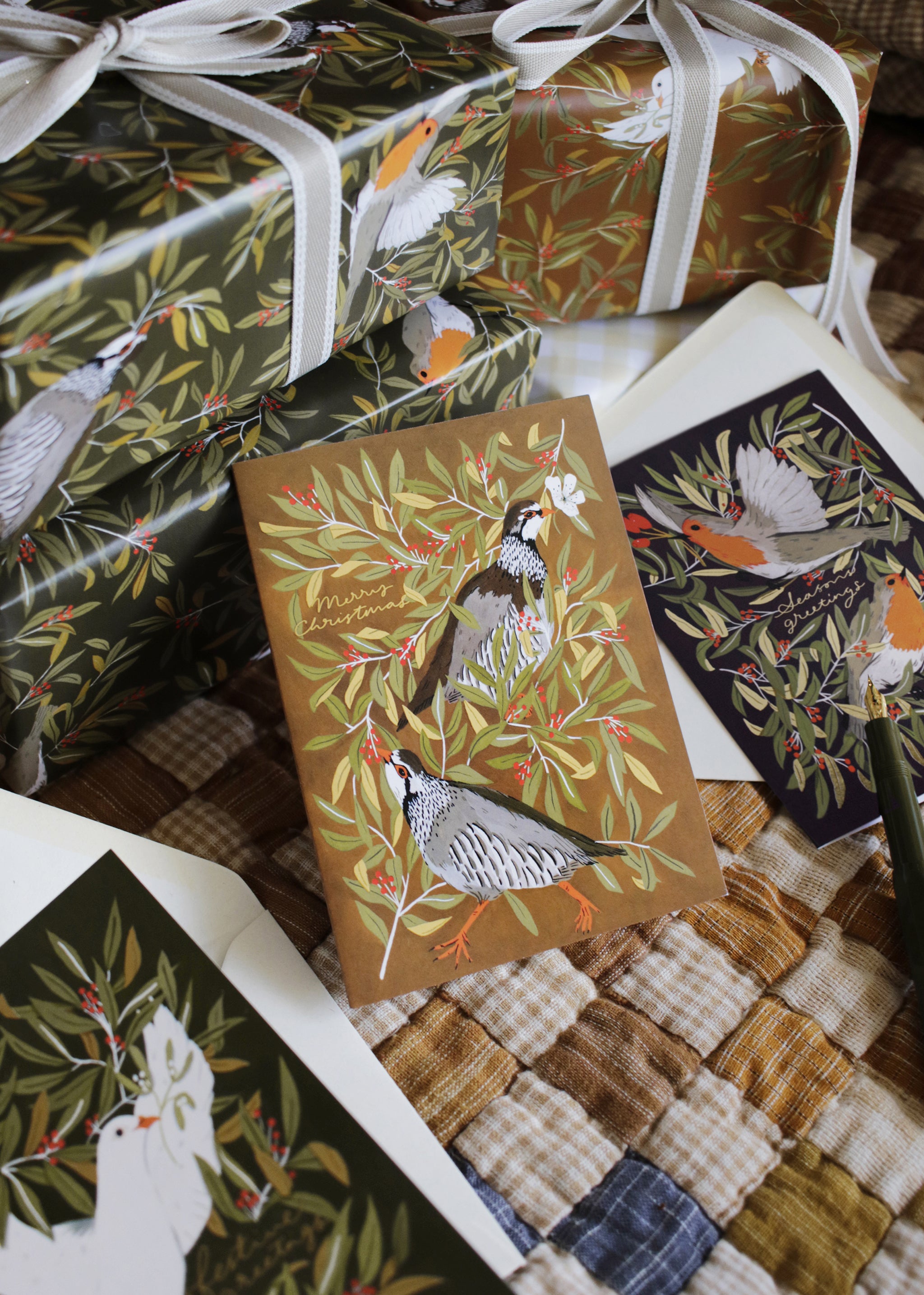 illustrated partridge merry christmas card  with recycled envelope