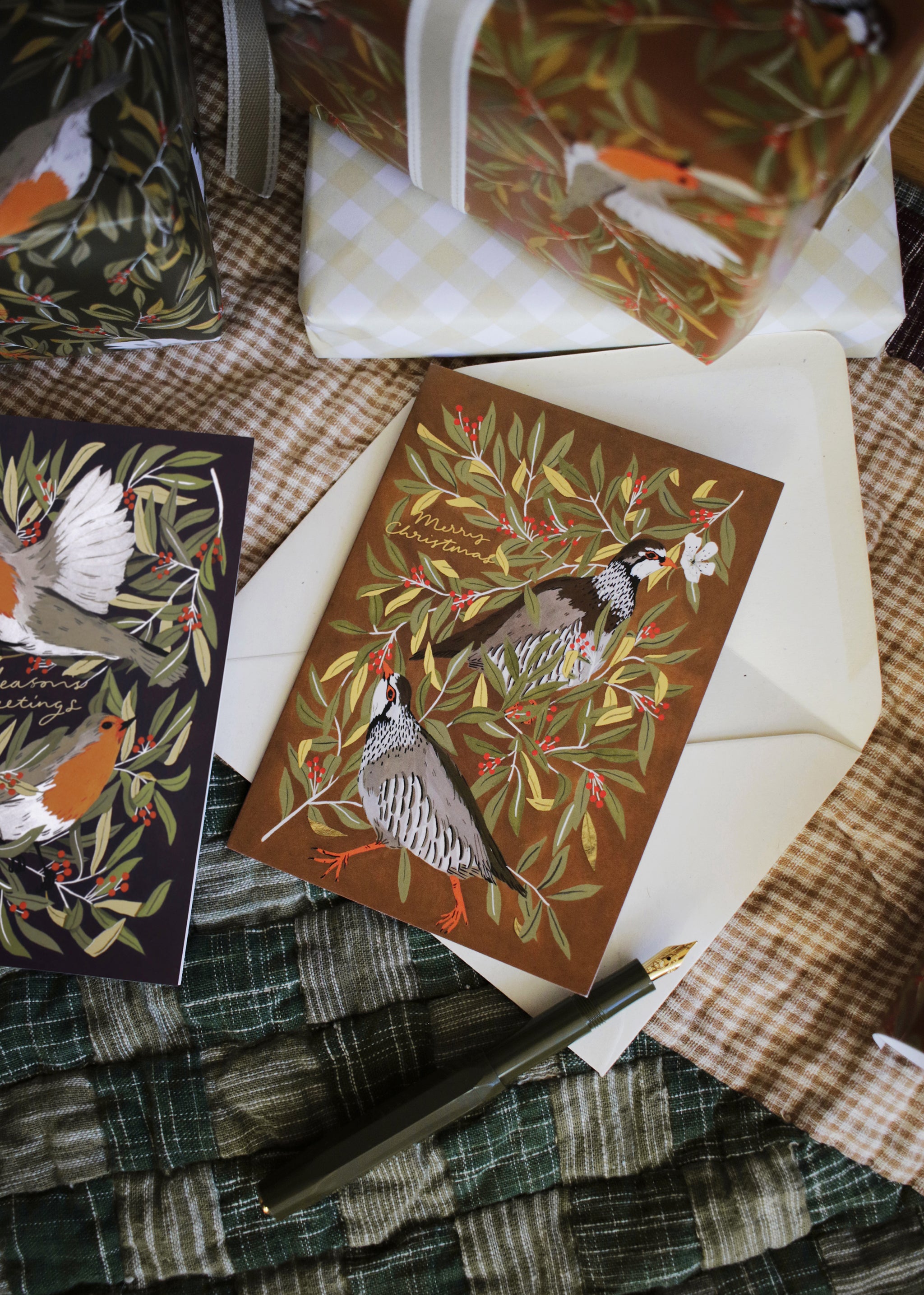 illustrated partridge merry christmas card  with recycled envelope