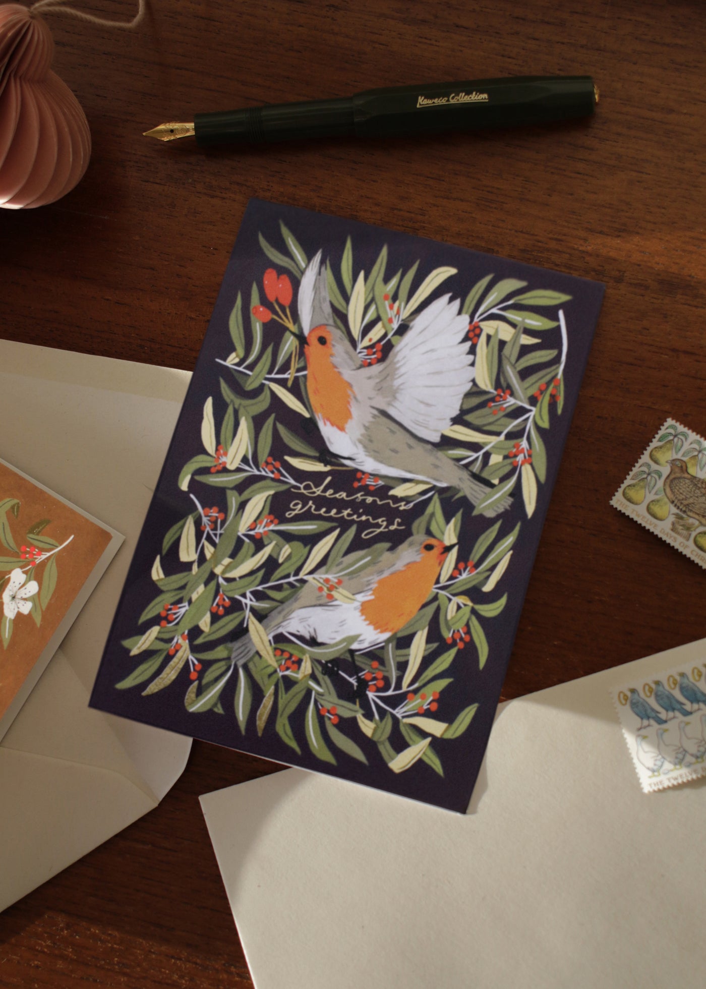 illustrated robins merry christmas card with recycled envelope