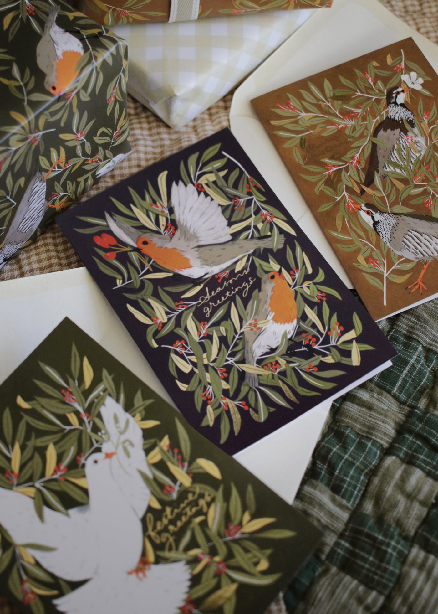 illustrated robins merry christmas card with recycled envelope