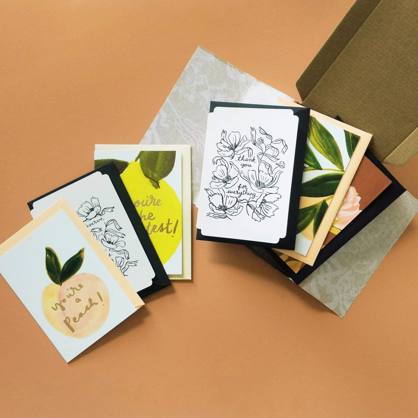6 Pack of illustrated thank you cards wrapped in tissue
