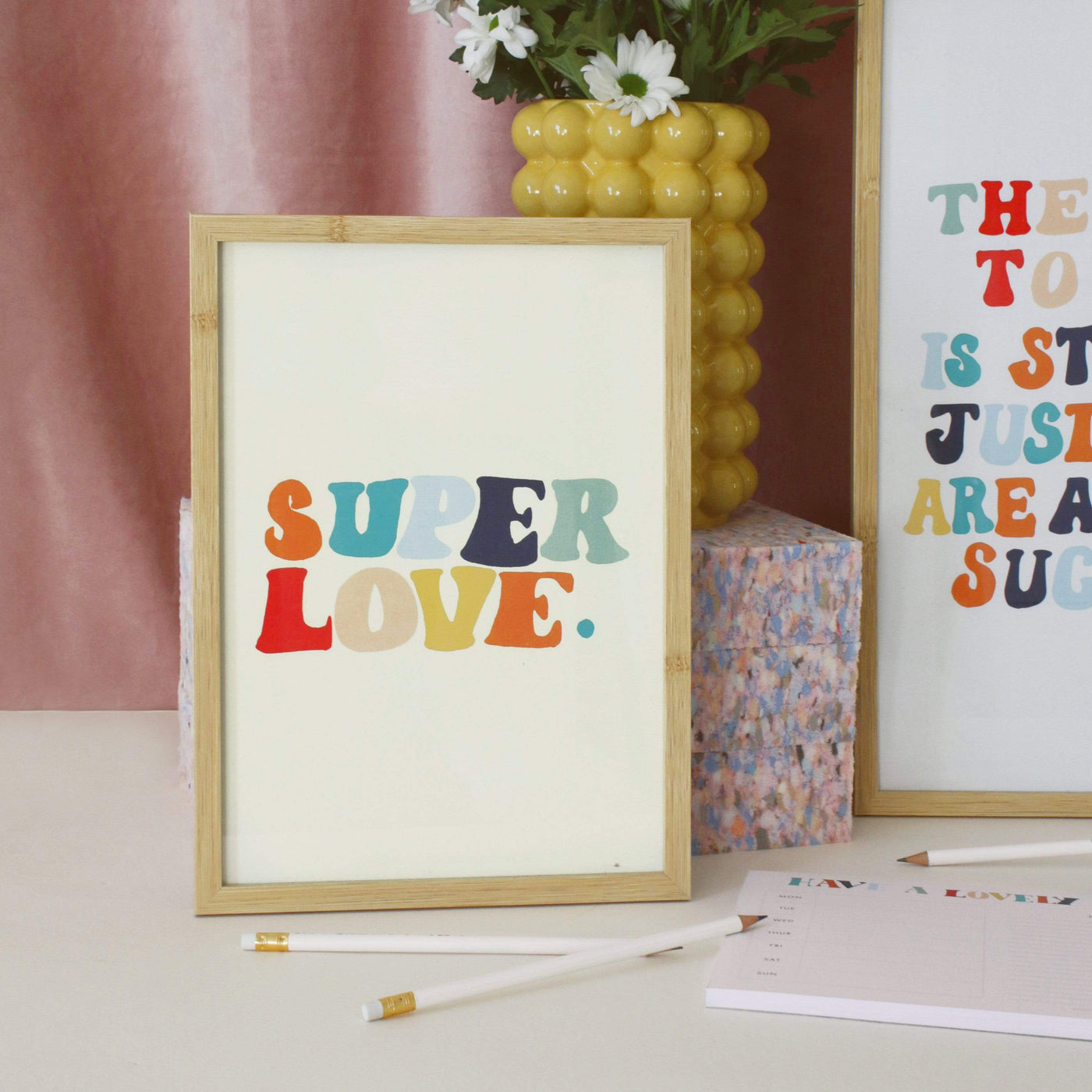 A Hand Lettered Rainbow Typography Print Which Reads Super Love In A Light Oak Frame - Annie Dornan Smith