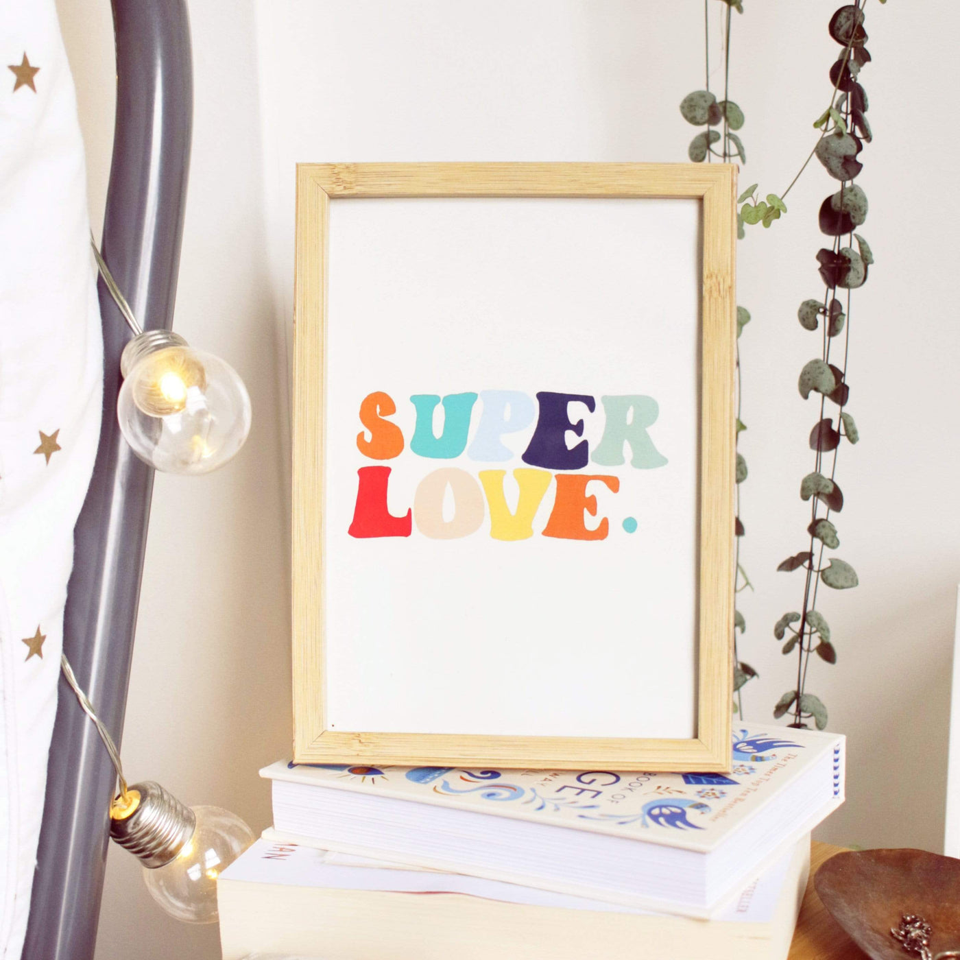 A Hand Lettered Rainbow Typography Print Which Reads Super Love In A Light Oak Frame - Annie Dornan Smith