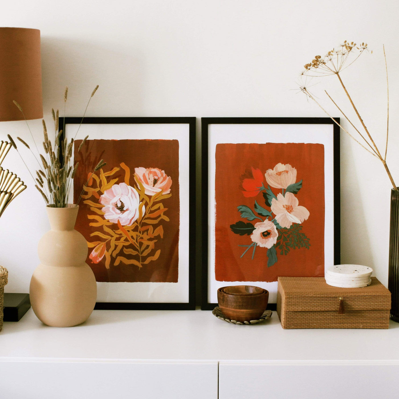 Red Floral Botanical Art Print With A Spray of Anemone Flowers On A Deep Red Background Next To Another Botanical Print - Annie Dornan Smith