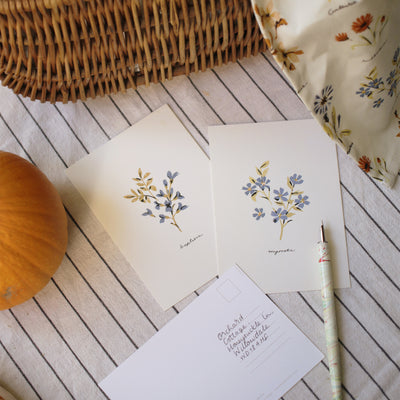 writing blue floral postcards at the kitchen table