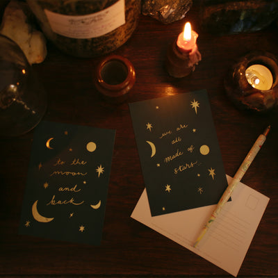 celestial inspired gold foil postcards