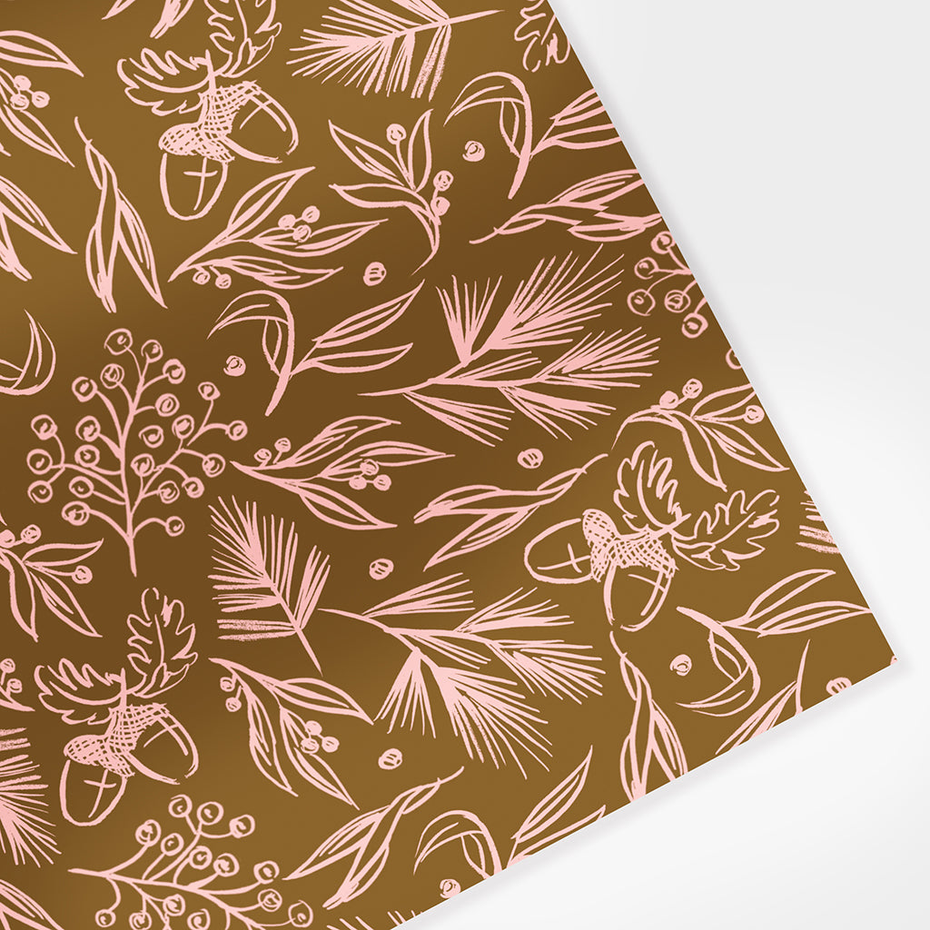 brown wrapping paper sheet with an illustrated pattern on foliage, berries and seeds