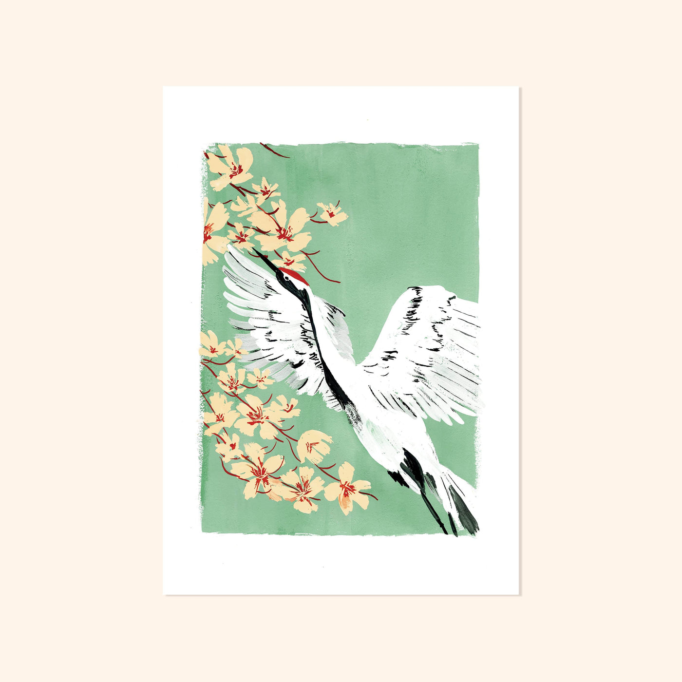 A Full Colour Giclee Print Featuring a Crane And Cherry Blossom On A Teal Background - Annie Dornan Smith