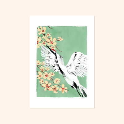 A Full Colour Giclee Print Featuring a Crane And Cherry Blossom On A Teal Background - Annie Dornan Smith