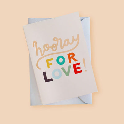 A Hand Lettered Rainbow Typography Card Which Reads Hooray For Love With Pale Grey Envelope - Annie Dornan Smith