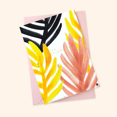 Colourful Palm Leaf A6 Card With Happy Anniversary Written in Gold With A Pale Pink Envelope - Annie Dornan Smith