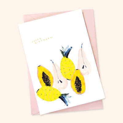 An Illustrated Tropical Fruit Card With Happy Birthday In Gold With A Pale Pink Envelope - Annie Dornan Smith