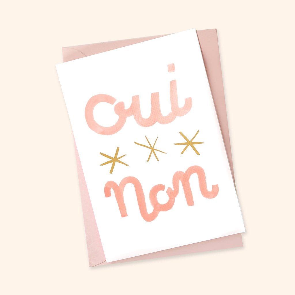 Typographic A6 Card With The Words Oui Non And Three Stars In Pink With a Pale Pink Envelope - Annie Dornan Smith