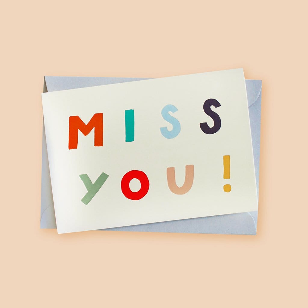 A Hand Lettered Rainbow Typography Card Which Reads Miss You With Pale Grey Envelope - Annie Dornan Smith