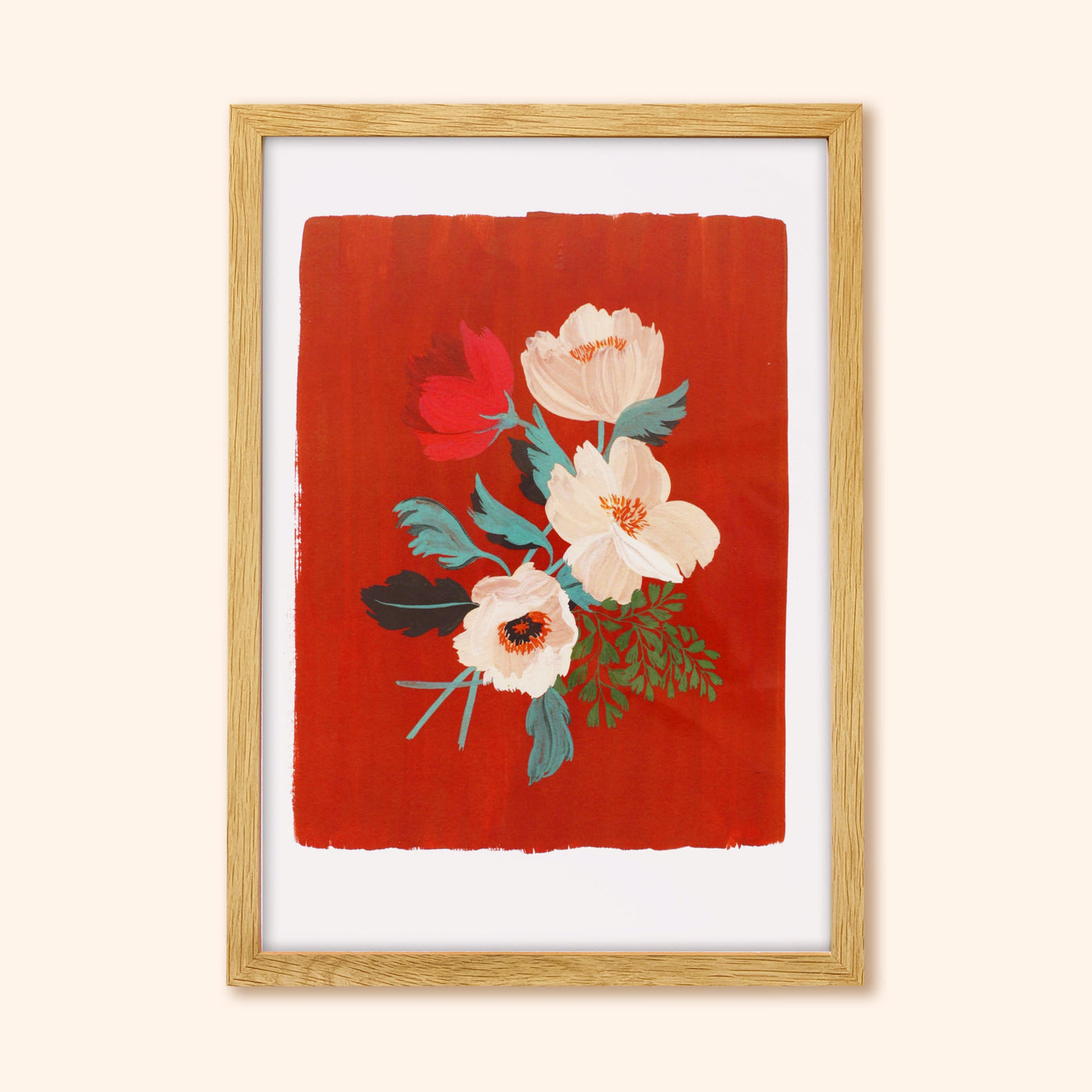 Red Floral Botanical Art Print With A Spray of Anemone Flowers On A Deep Red Background In A Light Oak Frame - Annie Dornan Smith