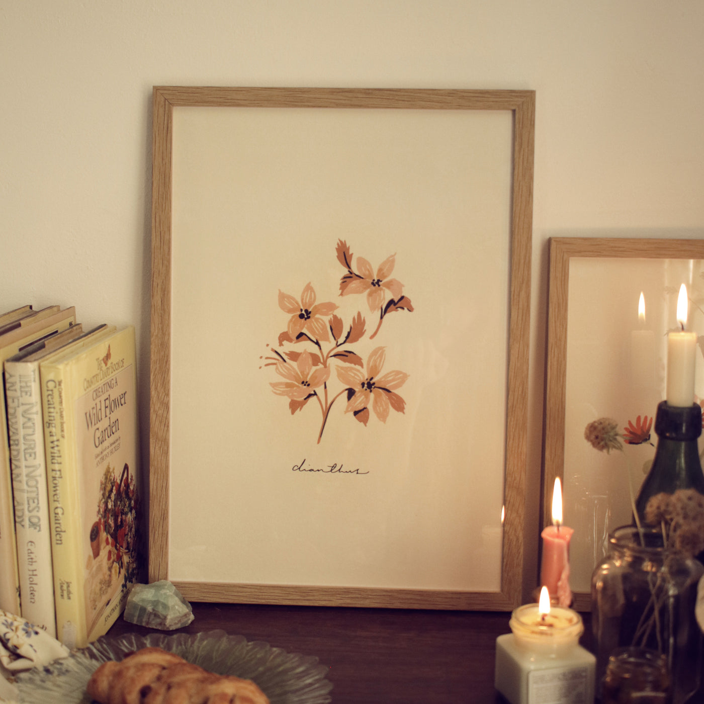 dianthus flower cottagecore print in oak frame