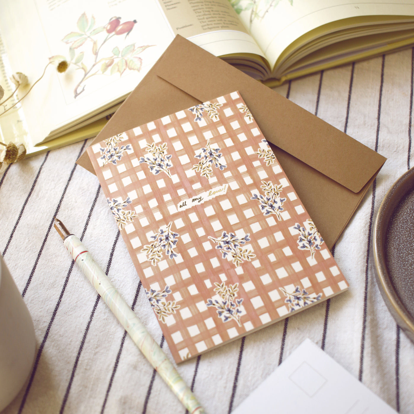 pink gingham and flower love card with tan envelope