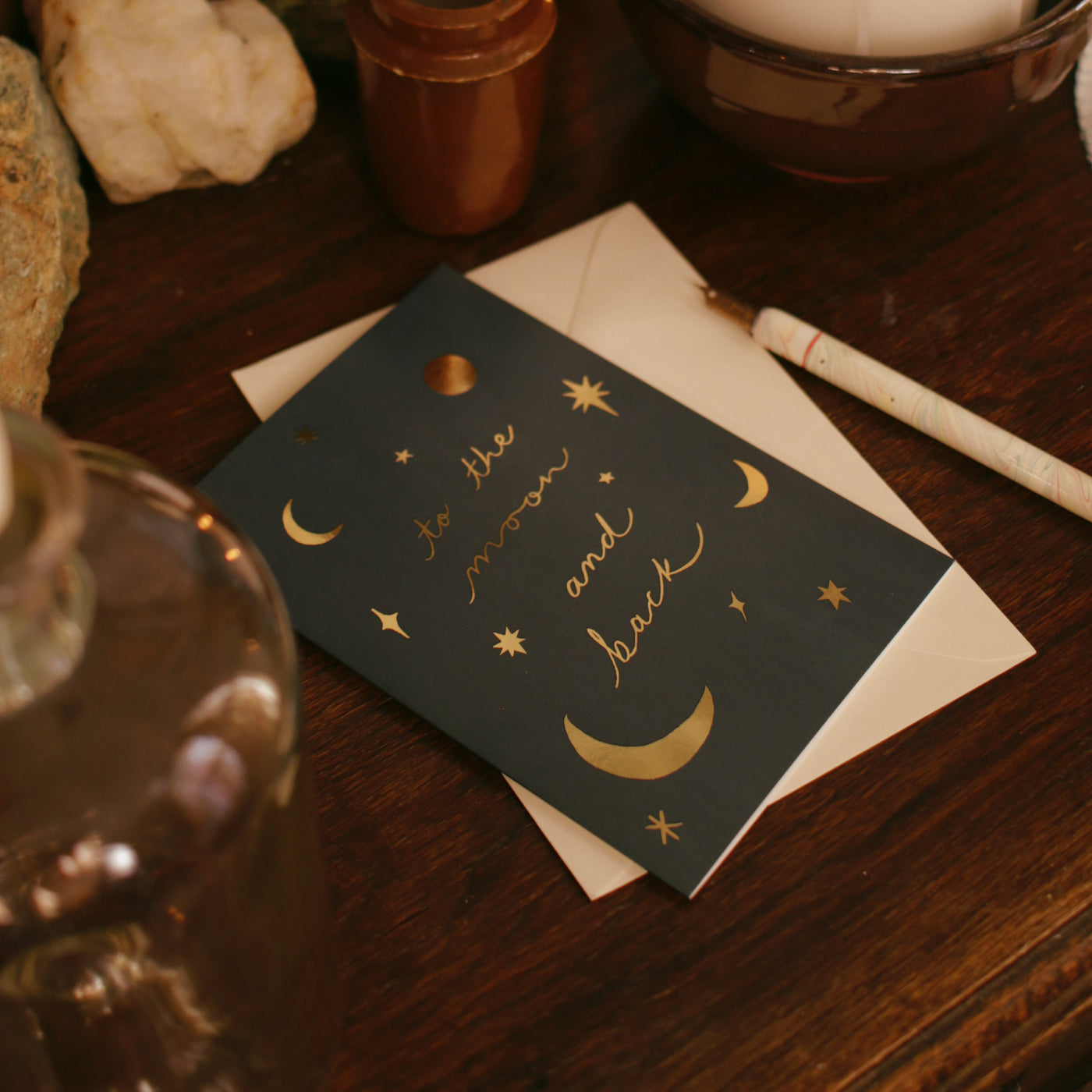moon and back celestial card with cream envelope