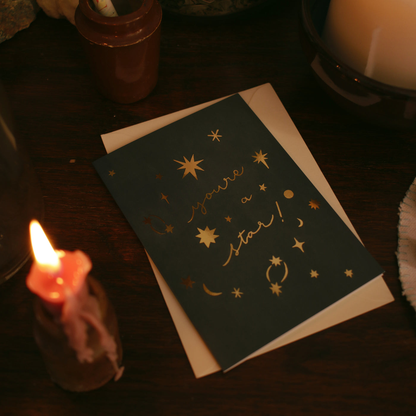 gold foil space card - you're a star - with cream envelopes